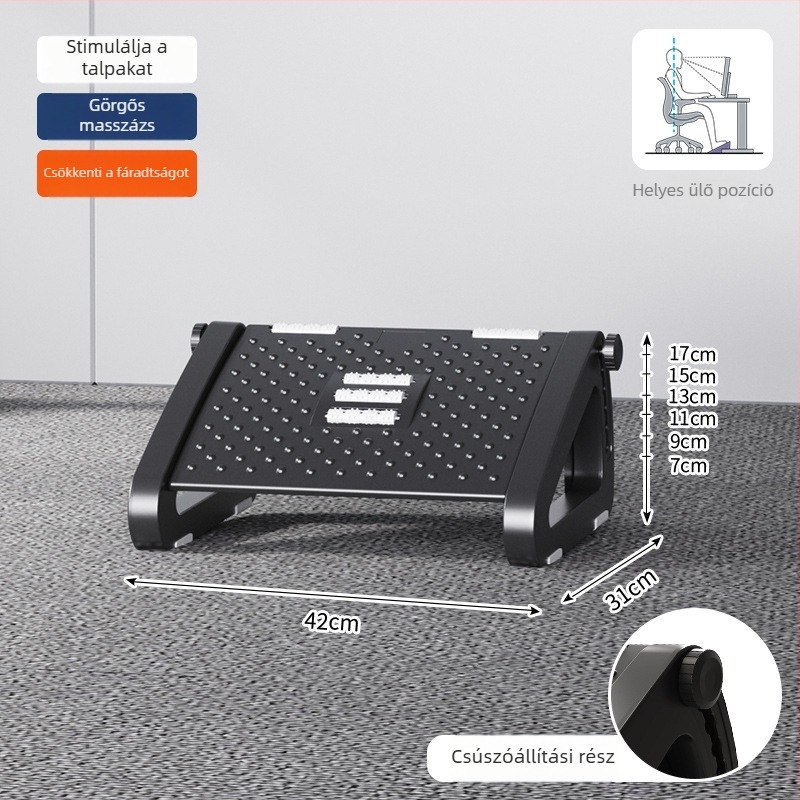 Irodai lábtartó ötkerékkel, műanyagból, masszírozó és emelő funkciókkal, gyerekeknek, felnőtteknek és időseknek