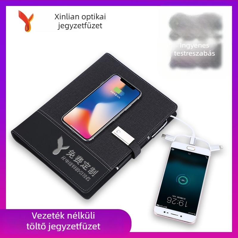 Notesz hordozható akkumulátorral, USB flash meghajtóval, vezeték nélküli töltéssel, többfunkciós, üzleti ajándék