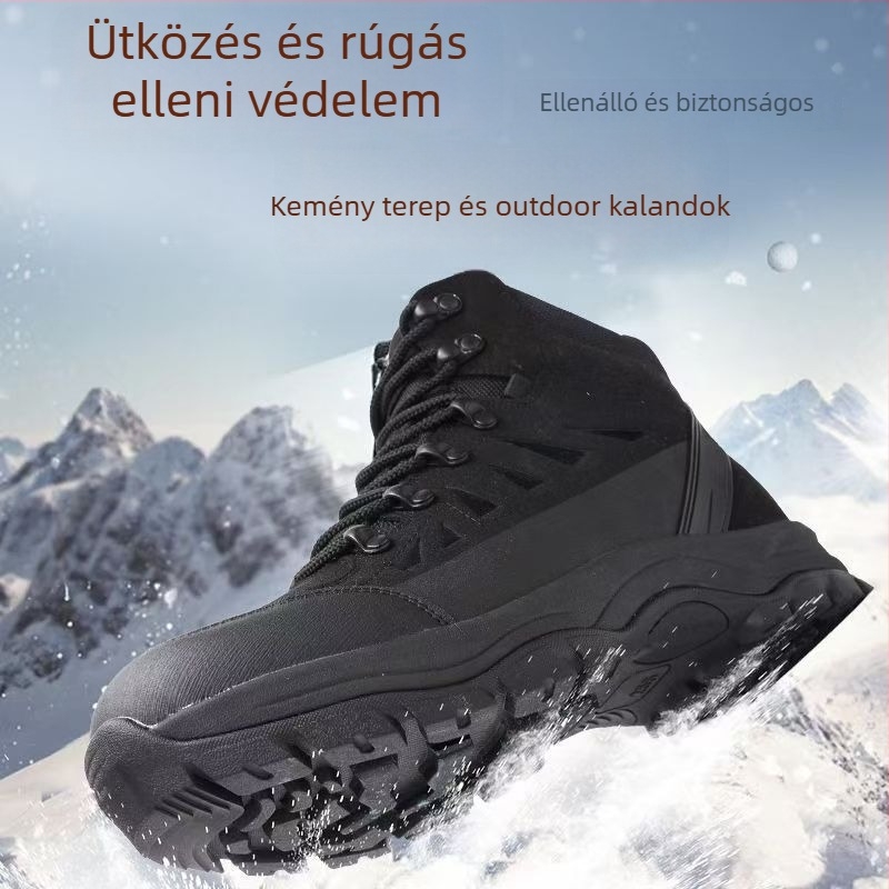 Férfi téli túrabakancs, meleg gyapjú bélés, magas szárú, elöl fűzővel, kopásálló gumitalp