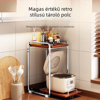 Konyhai polc mikrosütőhöz az asztalon, kétszintes, kihúzható, rizsfőző tartó, műanyag–acél szerkezet, középkori stílus, multifunkcionális tároló