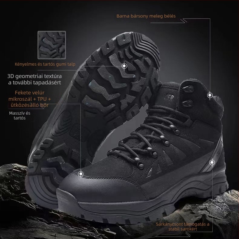 Téli hócipő fleece béleléssel, vastag szigeteléssel, felső része mikrofiber TPU bőr, csúszásmentes gumitalp, középmagas szár