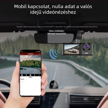 C309 háromlencsés autós dash cam Wi-Fi és mobilkapcsolattal, 1080p, 120° látószög, elől, belső és hátsó körkörös felvétel, 16GB memória