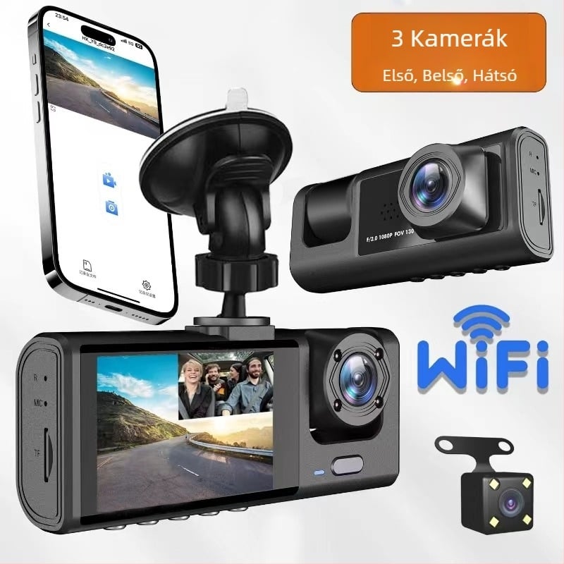 C309 háromlencsés autós dash cam Wi-Fi és mobilkapcsolattal, 1080p, 120° látószög, elől, belső és hátsó körkörös felvétel, 16GB memória