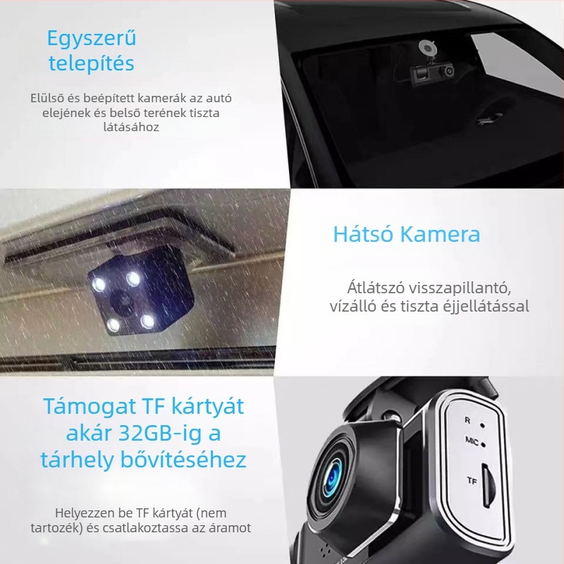 C309 háromlencsés autós dash cam Wi-Fi és mobilkapcsolattal, 1080p, 120° látószög, elől, belső és hátsó körkörös felvétel, 16GB memória