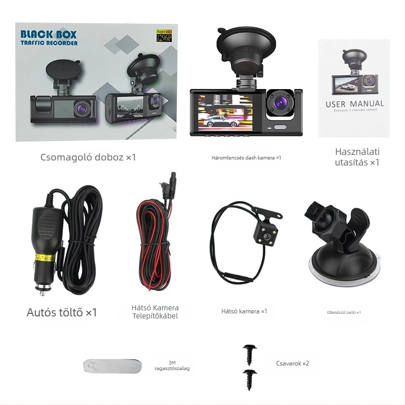 C309 háromlencsés autós dash cam Wi-Fi és mobilkapcsolattal, 1080p, 120° látószög, elől, belső és hátsó körkörös felvétel, 16GB memória