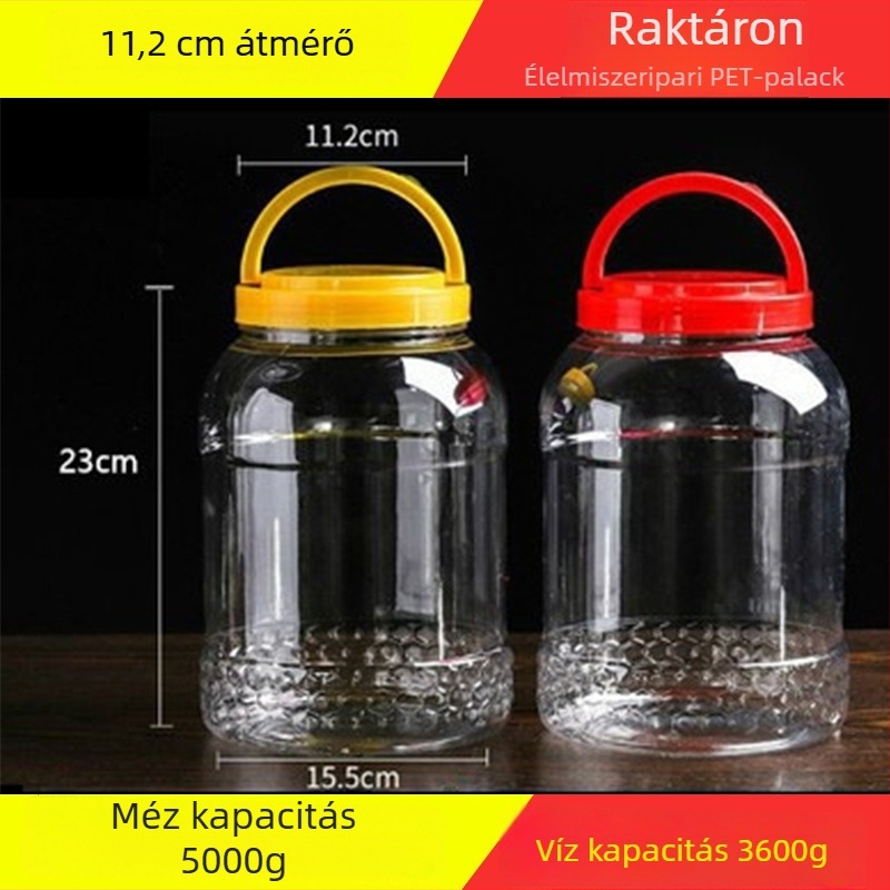 Élelmiszerbiztonságos PET műanyag mézesüveg széles nyakkal, 5 kg kapacitás