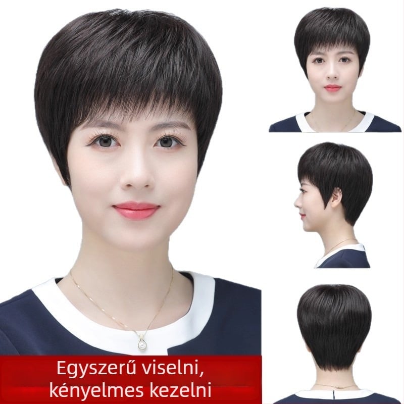 Női paróka valódi emberi hajból, rövid, egyenes fazon, modell 1041, mechanikus kivitelezés, festhető és göndöríthető, ad volument és elfedi az őszülést