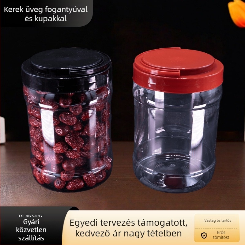 PET széles nyílású tárolóüveg, élelmiszer-minőségű műanyag, fedél fogantyúval, 1700 ml, diófélék és gabonák tárolására