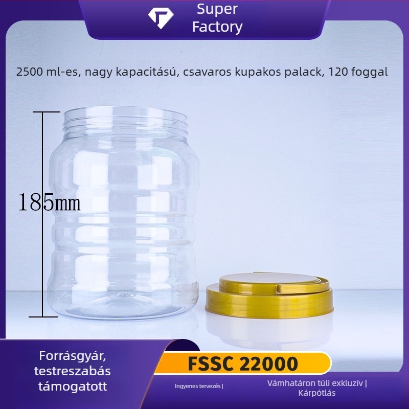 2500 ml átlátszó PET kör alakú palack, készétel zabpehely tároló, szuper por tároló élelmiszerekhez és gyógyszerekhez