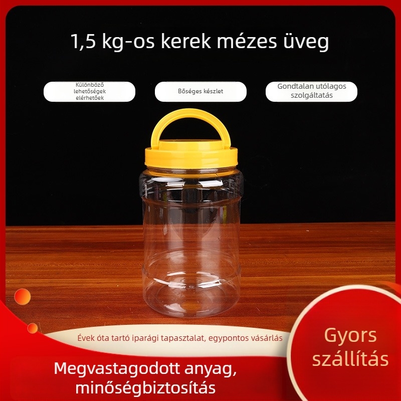 PET tároló palack széles nyakú, 1,5 kg kapacitású, zárható fedél, műanyag anyag