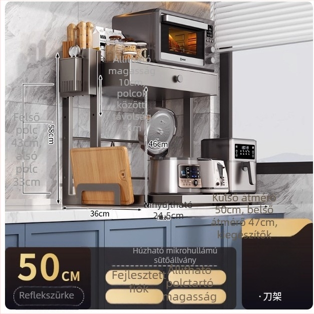 Fiókos mikrohullámú sütő tároló állvány, kétszintes, kihúzható kivitel, szénacélból, 8040 modell, modern minimalista stílus