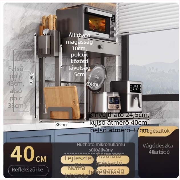 Fiókos mikrohullámú sütő tároló állvány, kétszintes, kihúzható kivitel, szénacélból, 8040 modell, modern minimalista stílus