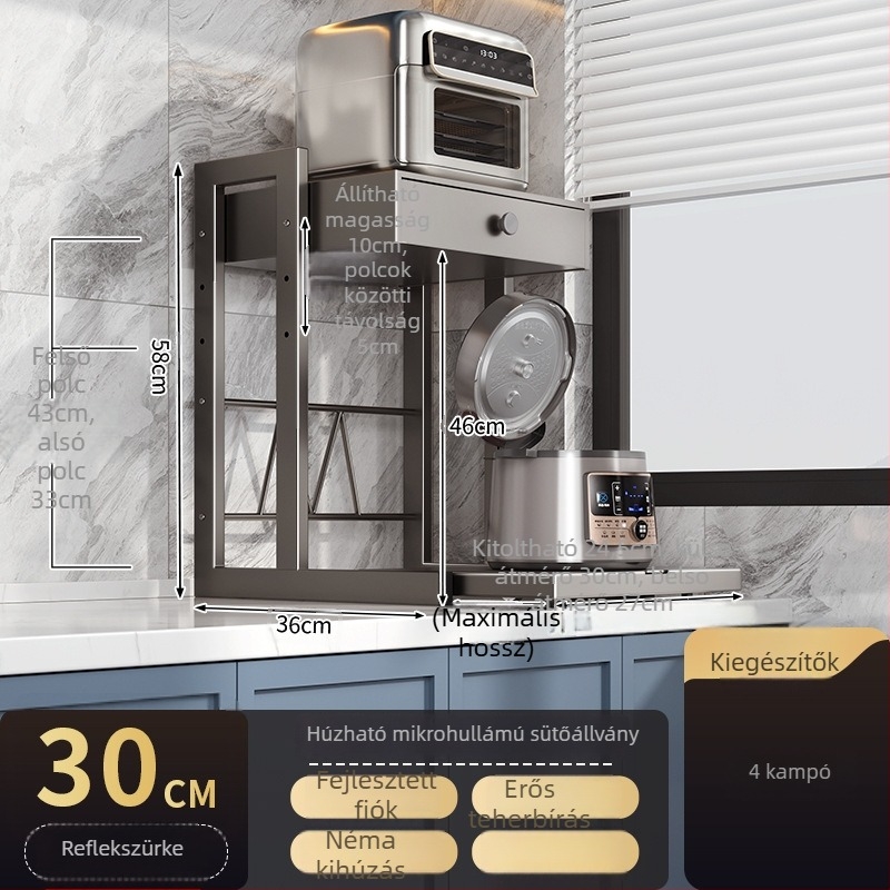 Fiókos mikrohullámú sütő tároló állvány, kétszintes, kihúzható kivitel, szénacélból, 8040 modell, modern minimalista stílus