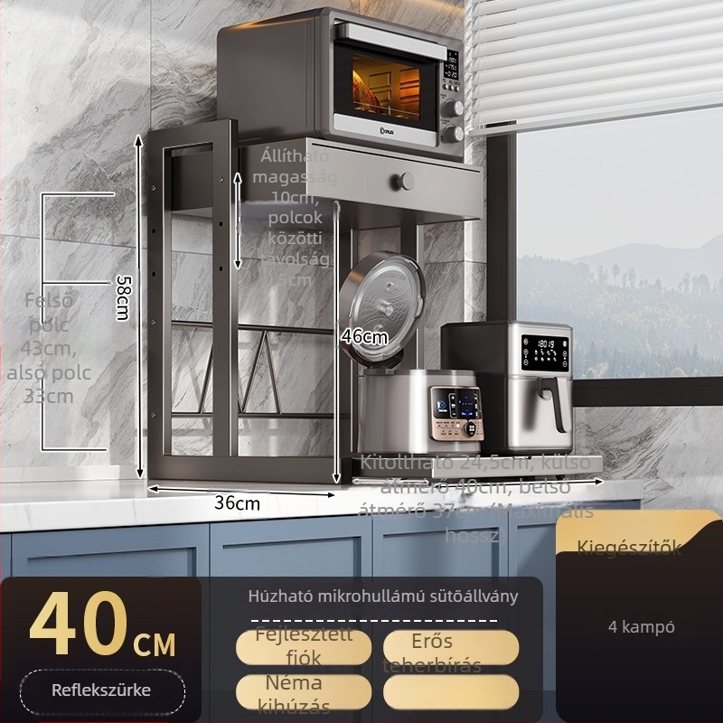 Fiókos mikrohullámú sütő tároló állvány, kétszintes, kihúzható kivitel, szénacélból, 8040 modell, modern minimalista stílus