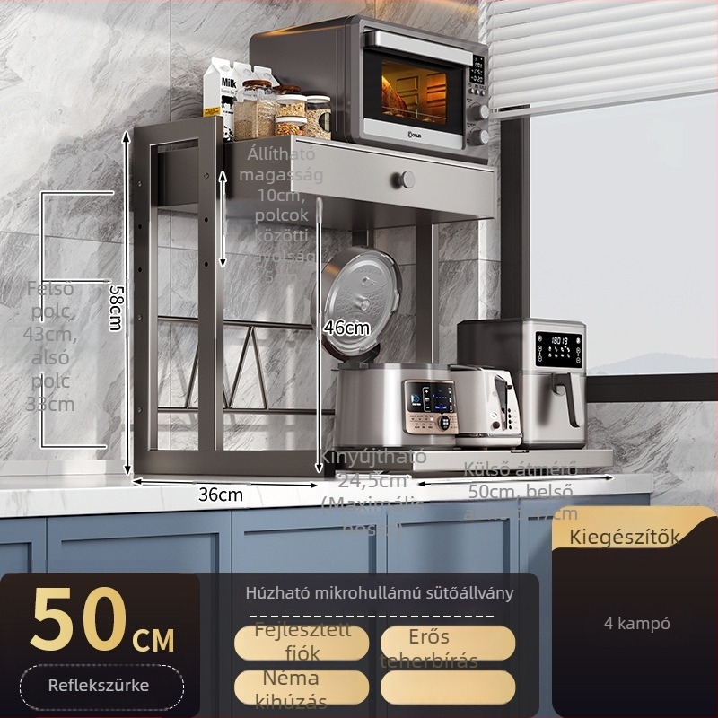 Fiókos mikrohullámú sütő tároló állvány, kétszintes, kihúzható kivitel, szénacélból, 8040 modell, modern minimalista stílus