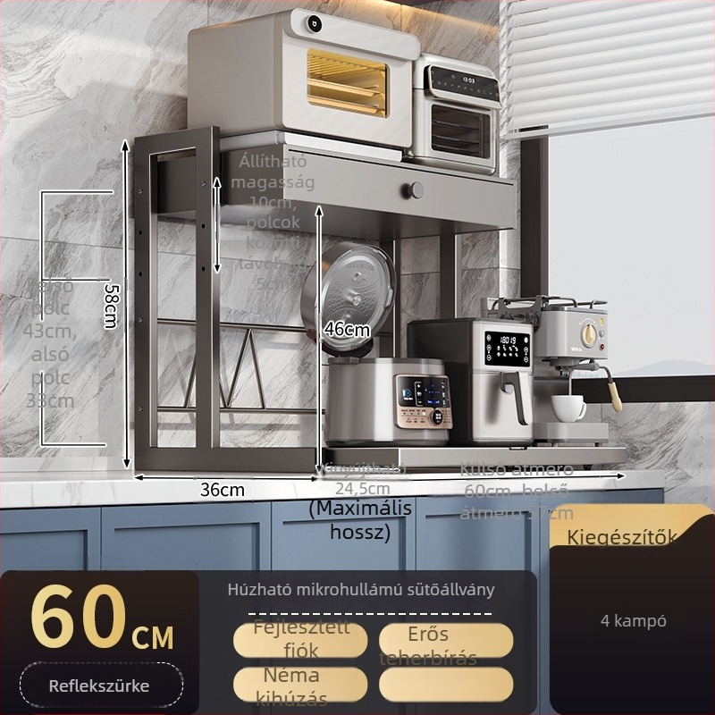 Fiókos mikrohullámú sütő tároló állvány, kétszintes, kihúzható kivitel, szénacélból, 8040 modell, modern minimalista stílus