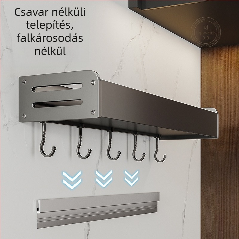 Fali konyhai tároló — többfunkciós, telepítés nélkül, kés- és fűszer tartó, evőpálcák tárolóval, Space Aluminum