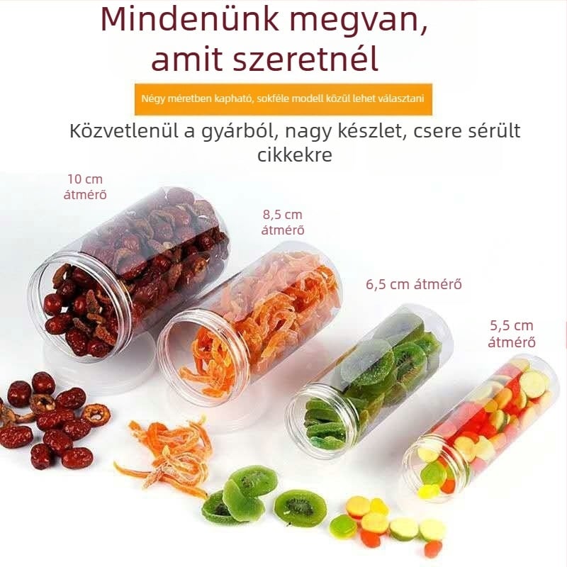 Átlátszó műanyag élelmiszertároló üveg fedővel