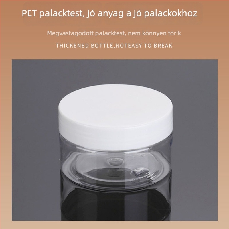 Szélesnyakú PET műanyag üveg, matt felülettel, 100–250 ml űrtartalom, nyakátmérő 68 mm, testátmérő 71 mm
