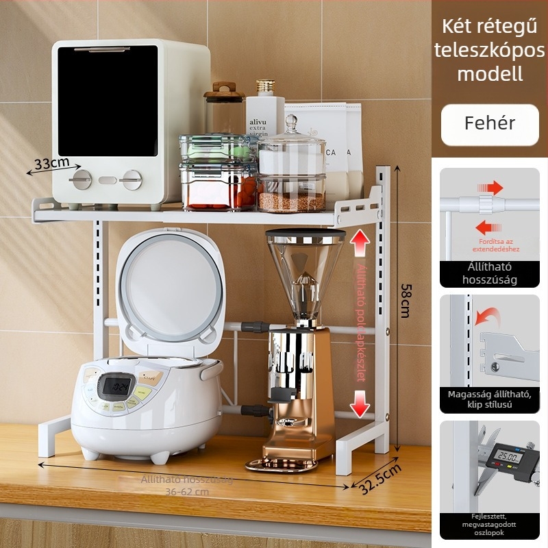 Konyhai tárolóállvány – multifunkcionális, állítható teleszkópos a pultra, L-alakú design, szénacélból, mikrohullámú sütő és edények számára