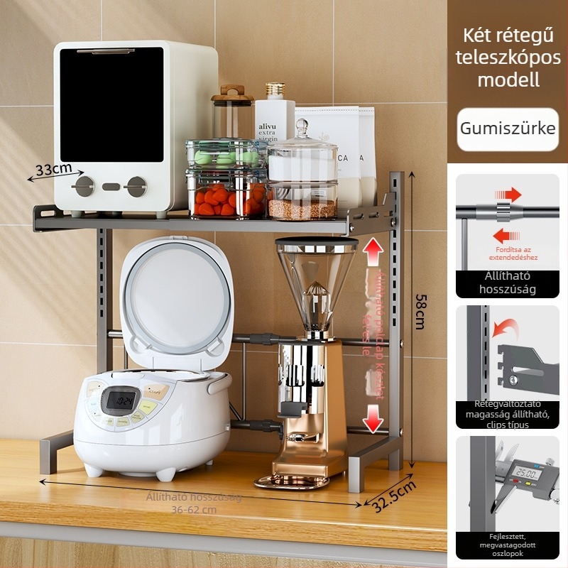 Konyhai tárolóállvány – multifunkcionális, állítható teleszkópos a pultra, L-alakú design, szénacélból, mikrohullámú sütő és edények számára
