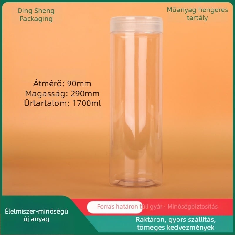Átlátszó PET műanyag henger alakú tárolóedény széles nyílású csavaros fedéllel, 1700 ml, méret 9×29 cm