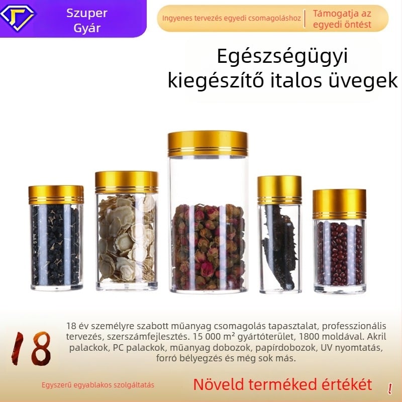 Akril egészségügyi palack alumínium kupakkal, PC műanyagból, kapszula- és teakeverő tartály, átlátszó zárt edény