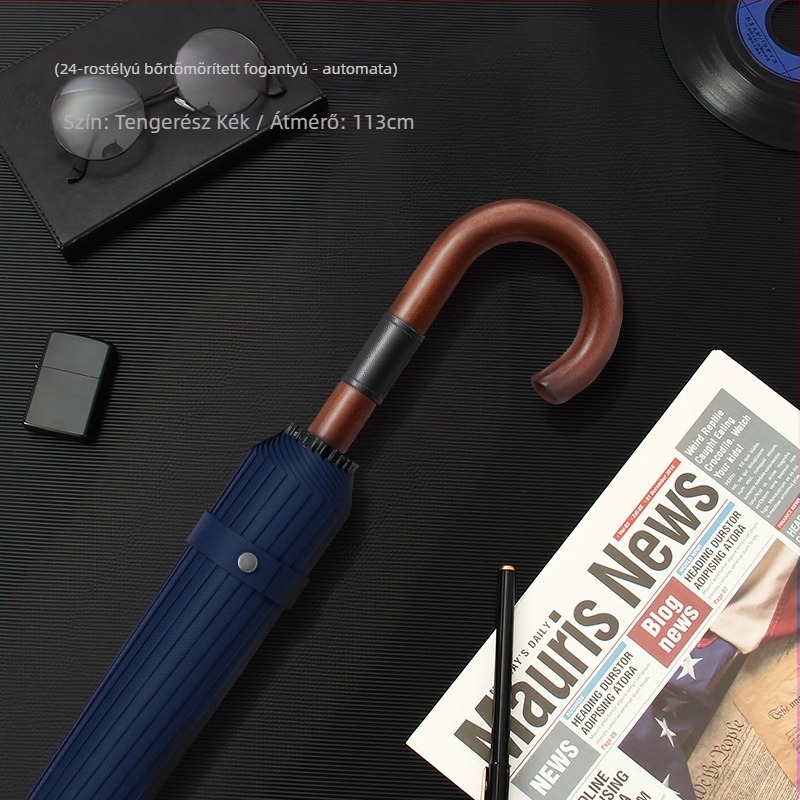 Hosszú nyeletű férfi esernyő görbe fabnyéllel – megerősített váz, 24 bordás, félautomata nyitás, 190T anyagú szövet