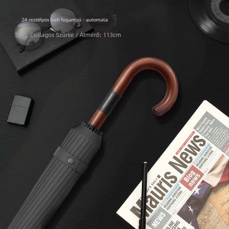 Hosszú nyeletű férfi esernyő görbe fabnyéllel – megerősített váz, 24 bordás, félautomata nyitás, 190T anyagú szövet