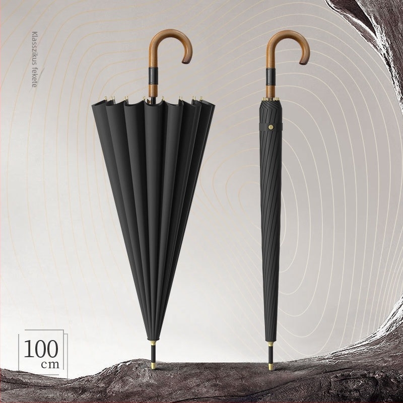 Hosszú nyeletű férfi esernyő görbe fabnyéllel – megerősített váz, 24 bordás, félautomata nyitás, 190T anyagú szövet