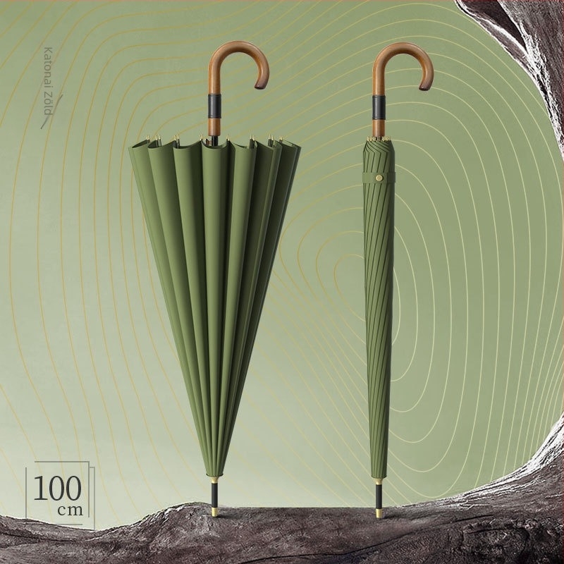 Hosszú nyeletű férfi esernyő görbe fabnyéllel – megerősített váz, 24 bordás, félautomata nyitás, 190T anyagú szövet