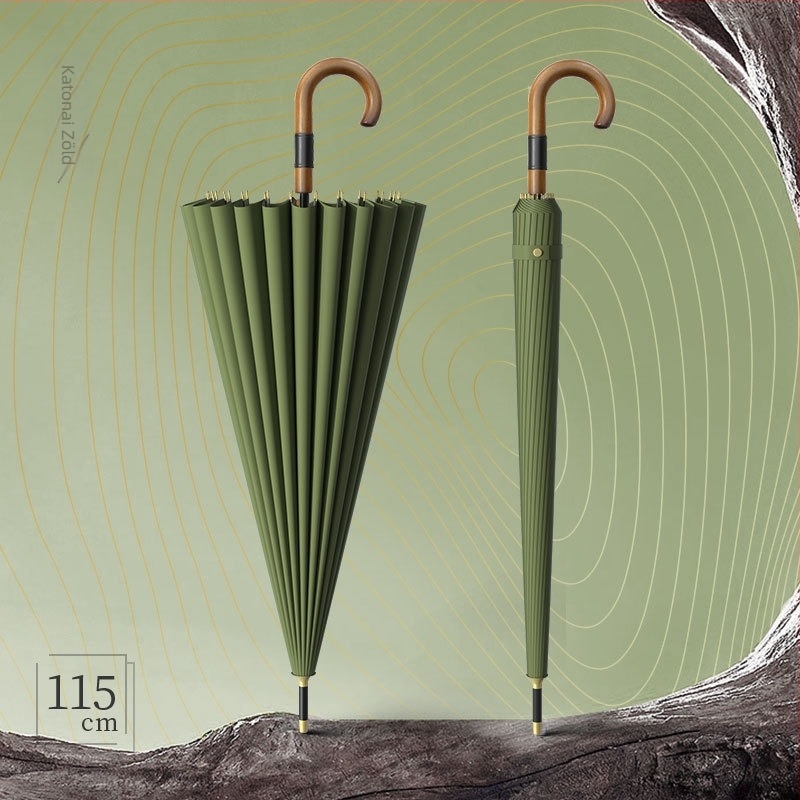 Hosszú nyeletű férfi esernyő görbe fabnyéllel – megerősített váz, 24 bordás, félautomata nyitás, 190T anyagú szövet