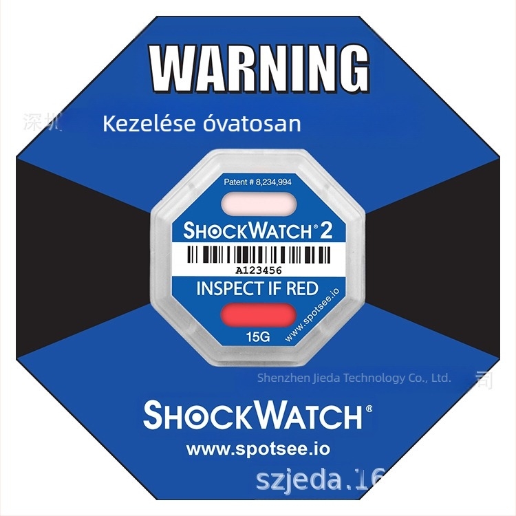 Shockwatch2 nyolcszögletű PVC öntapadós címke ütésvédelmi jelöléshez, hőnyomtatás, vastagság 5