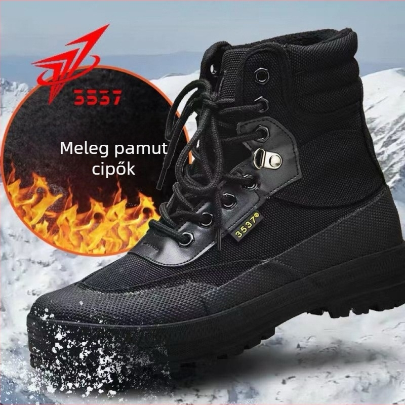 3537 Magas szárú túracipő meleg bevonattal, belső pamut, felső rész vászon, csúszásmentes gumitalp, ideális téli túrákhoz és kempingezéshez