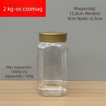Mézpalack, PET műanyagból, 1000 g kapacitás, fedél, matricás címkézés, logó nyomtatva