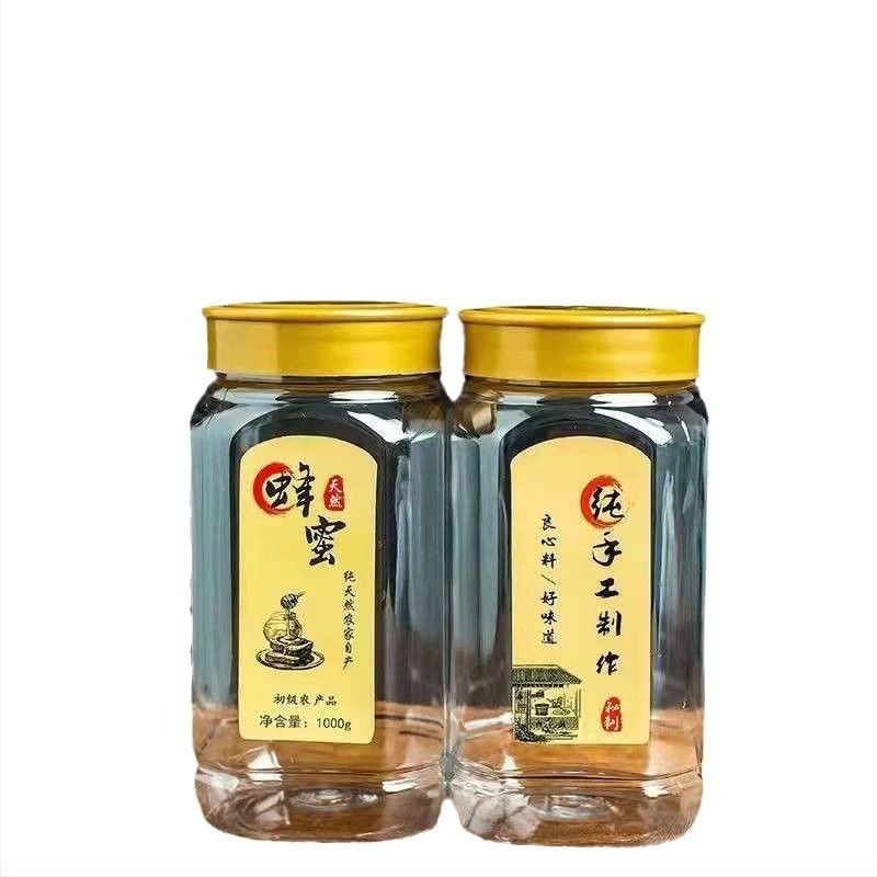 Mézpalack, PET műanyagból, 1000 g kapacitás, fedél, matricás címkézés, logó nyomtatva