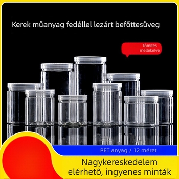 Zárható henger alakú PET műanyag tároló élelmiszerekhez, alkalmas diófélékre, virágos teára, mézre és nassolnivalókra