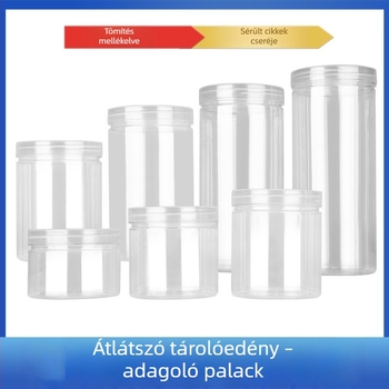 Zárható henger alakú PET műanyag tároló élelmiszerekhez, alkalmas diófélékre, virágos teára, mézre és nassolnivalókra