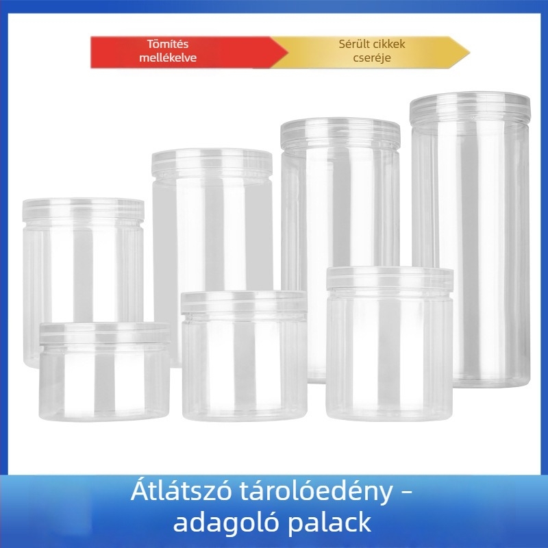 Zárható henger alakú PET műanyag tároló élelmiszerekhez, alkalmas diófélékre, virágos teára, mézre és nassolnivalókra