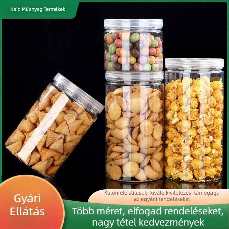 Átlátszó PET műanyag tárolóedény széles nyakkal, zárható fedéllel, ideális diócsomagoláshoz, több kapacitásban elérhető