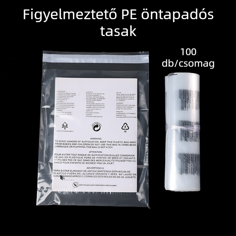 Átlátszó önadhéziós PE csomagoló taska feliratos figyelmeztetéssel, megerősített kivitel ruhákhoz és zoknikhoz, kis méret