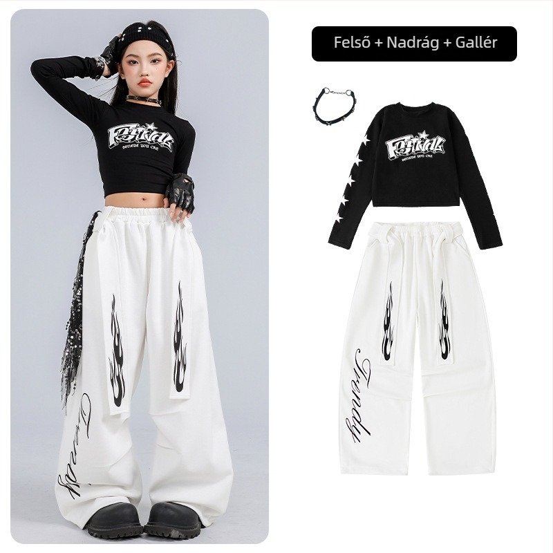 Gyerekeknek szóló jazz tánc kostüm, crop top és hosszú ujjú, koreai stílusú, pamut anyagból, 8 éves kortól