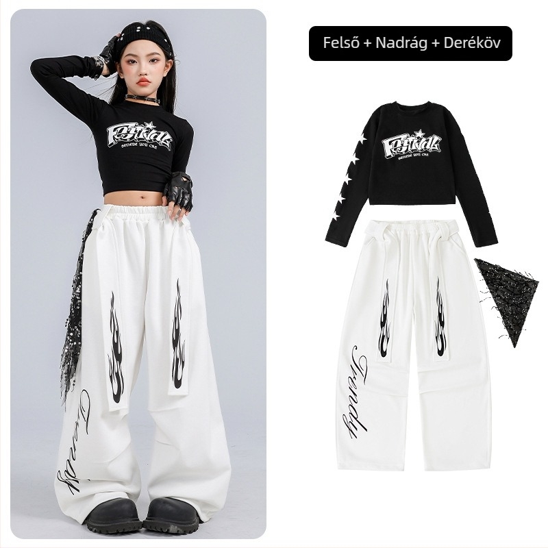 Gyerekeknek szóló jazz tánc kostüm, crop top és hosszú ujjú, koreai stílusú, pamut anyagból, 8 éves kortól