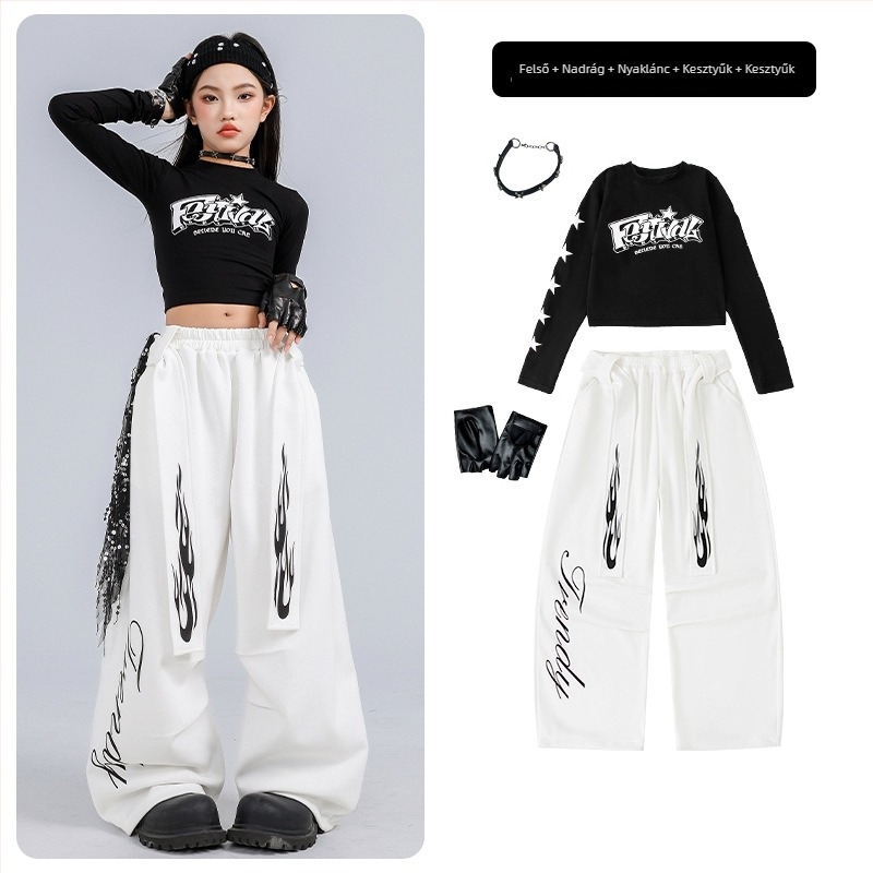 Gyerekeknek szóló jazz tánc kostüm, crop top és hosszú ujjú, koreai stílusú, pamut anyagból, 8 éves kortól