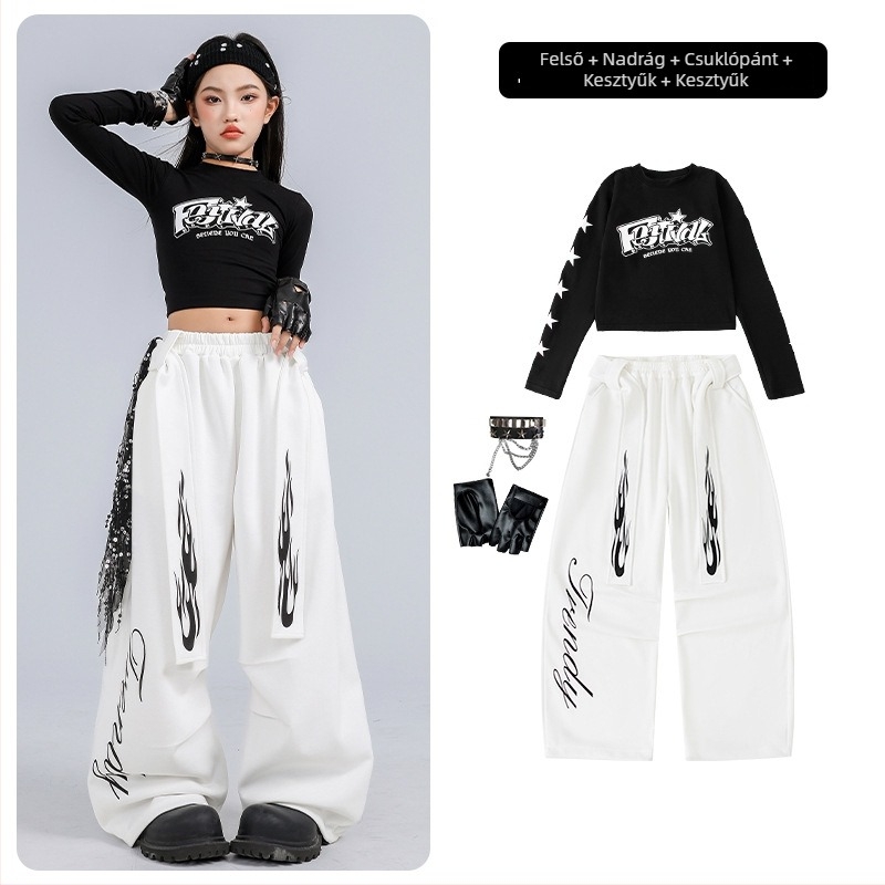 Gyerekeknek szóló jazz tánc kostüm, crop top és hosszú ujjú, koreai stílusú, pamut anyagból, 8 éves kortól