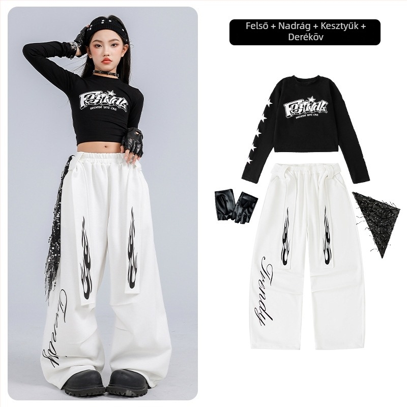 Gyerekeknek szóló jazz tánc kostüm, crop top és hosszú ujjú, koreai stílusú, pamut anyagból, 8 éves kortól