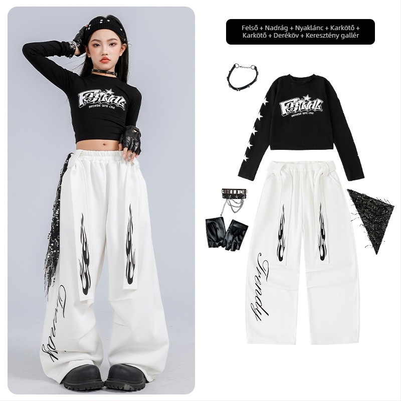 Gyerekeknek szóló jazz tánc kostüm, crop top és hosszú ujjú, koreai stílusú, pamut anyagból, 8 éves kortól