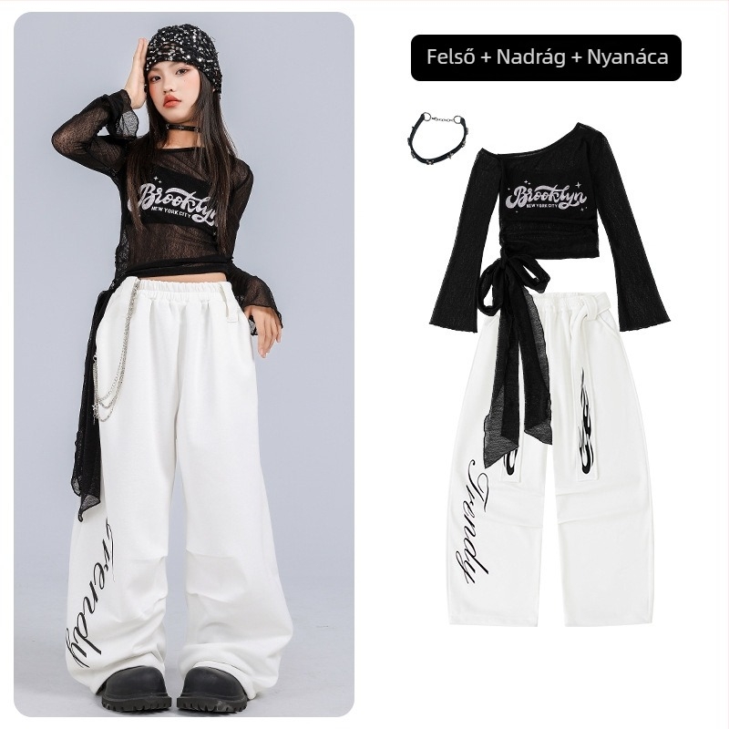 Gyerekeknek szóló jazz tánc kostüm, crop top és hosszú ujjú, koreai stílusú, pamut anyagból, 8 éves kortól