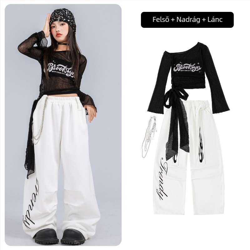 Gyerekeknek szóló jazz tánc kostüm, crop top és hosszú ujjú, koreai stílusú, pamut anyagból, 8 éves kortól