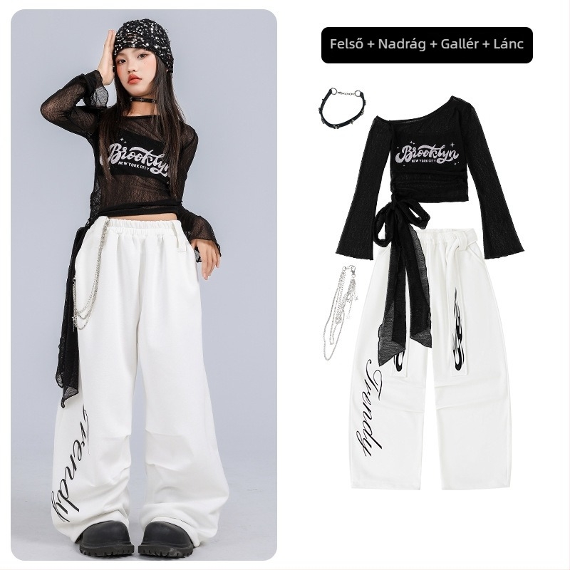 Gyerekeknek szóló jazz tánc kostüm, crop top és hosszú ujjú, koreai stílusú, pamut anyagból, 8 éves kortól